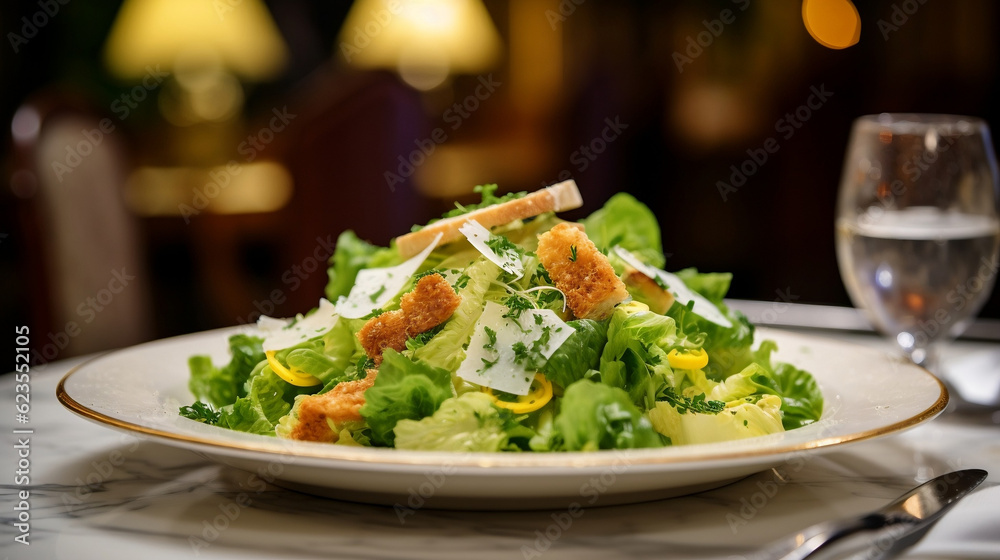 Caesar salad plate in the restaurant universal new quality colorful technology, image illustration design, generative artificial intelligence Caesar salad plate in the restaurant universal new quality colorful technology, image illustration design, generative artificial intelligence