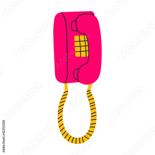 Classic 80s 90s pink home phone in modern style flat, line style. Hand drawn vector. Fashion patch, badge, emblem.