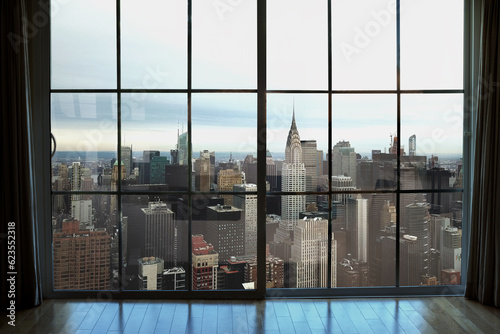 high rise window view of Midtown Manhattan interior real estate apartment in New York City NYC