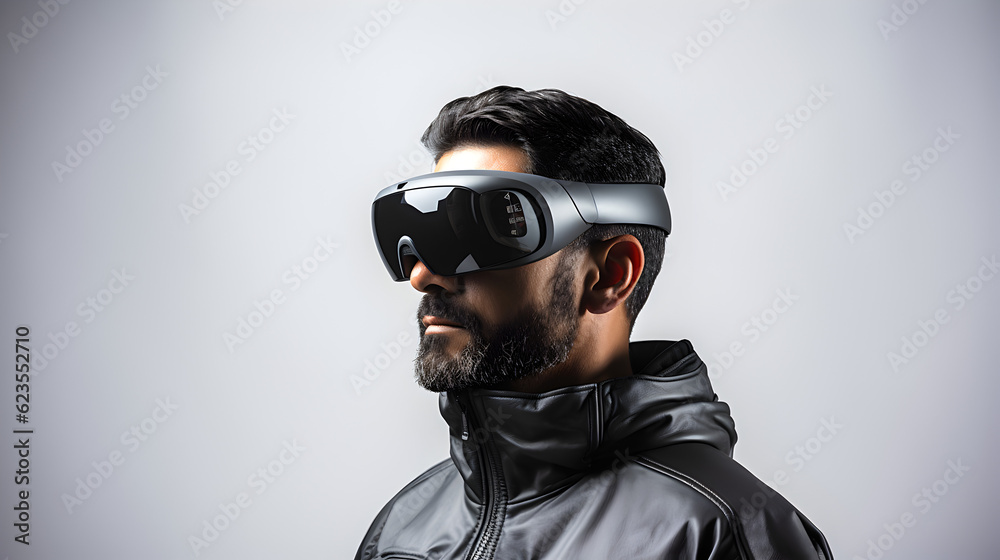 man in virtual reality glasses on background. The concept of modern technologies and technologies of the future. VR glasses Generative AI man in virtual reality glasses on background. The concept of modern technologies and technologies of the future. VR glasses Generative AI