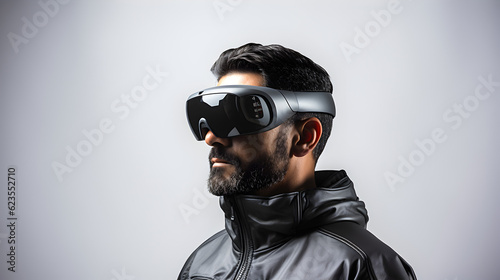 man in virtual reality glasses on background. The concept of modern technologies and technologies of the future. VR glasses Generative AI © kitti