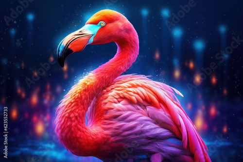 pink flamingo on a blue background. bright graceful bird. illustration glows with lights. generative ai, generative, ai