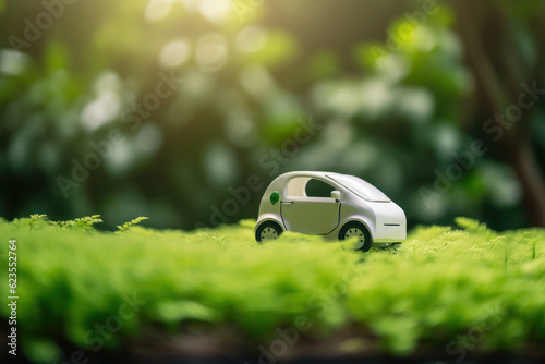small Electric Car in the forest. eco, environmentally friendly transport. green grass. generative ai, generative, ai