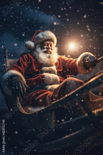 Santa Claus rides in a sleigh. merry christmas and new year! lights glow at night. generative ai, generative, ai