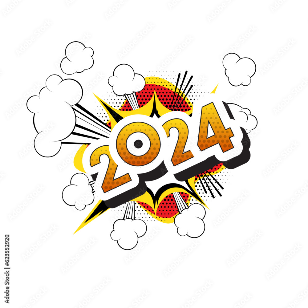 Vector 2024 Comic book style words isolated on white background