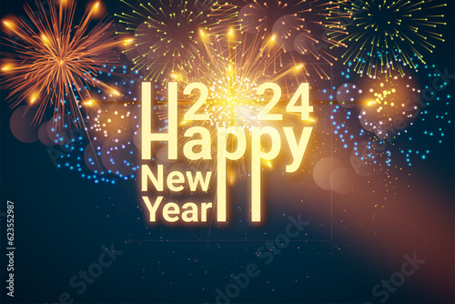 Greeting card Happy New Year 2024. Beautiful holiday web banner with text Happy New Year 2024 on the background of fireworks. - Vector illustration. photo