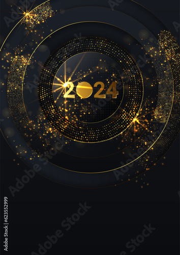 Happy New Year 2024 winter holiday greeting card design template. Party poster, banner or invitation gold glittering stars confetti glitter decoration. Vector background with golden gift bow.