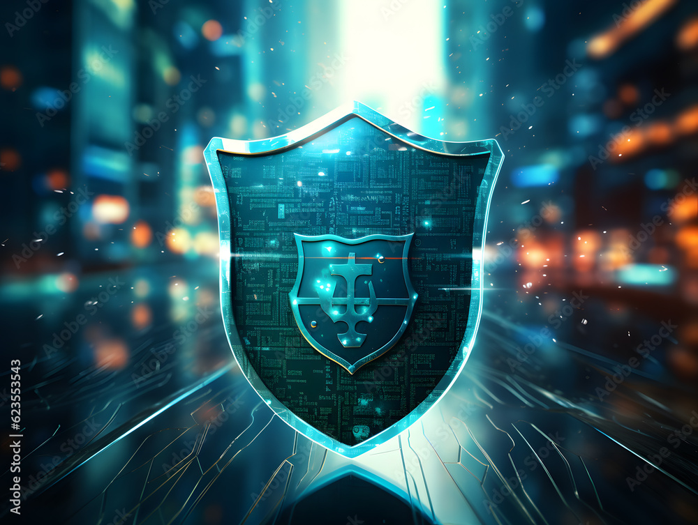 Fototapeta premium Cybersecurity Concept With a Shield Protecting Digital Data From Cyber Threats