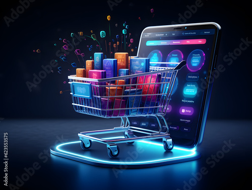E-Commerce Concept With a Virtual Shopping Cart and Product Recommendations Powered by AI