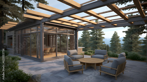 Modern Pergola and Sunroom on Mountain House Patio. 3d renderinf