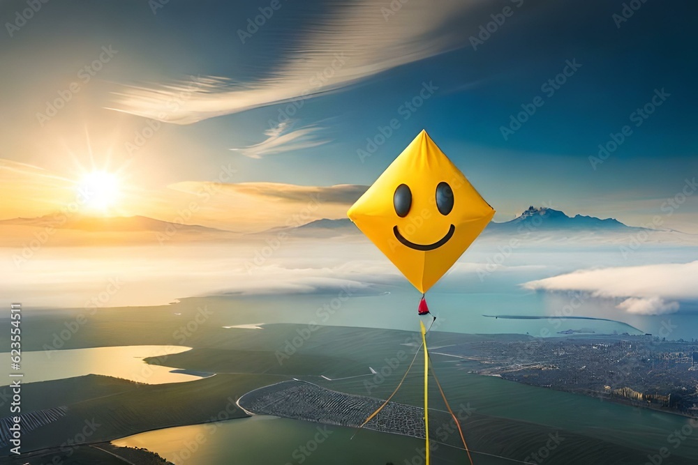 flying kite on the beach in yellow color with smiling emoji on it
