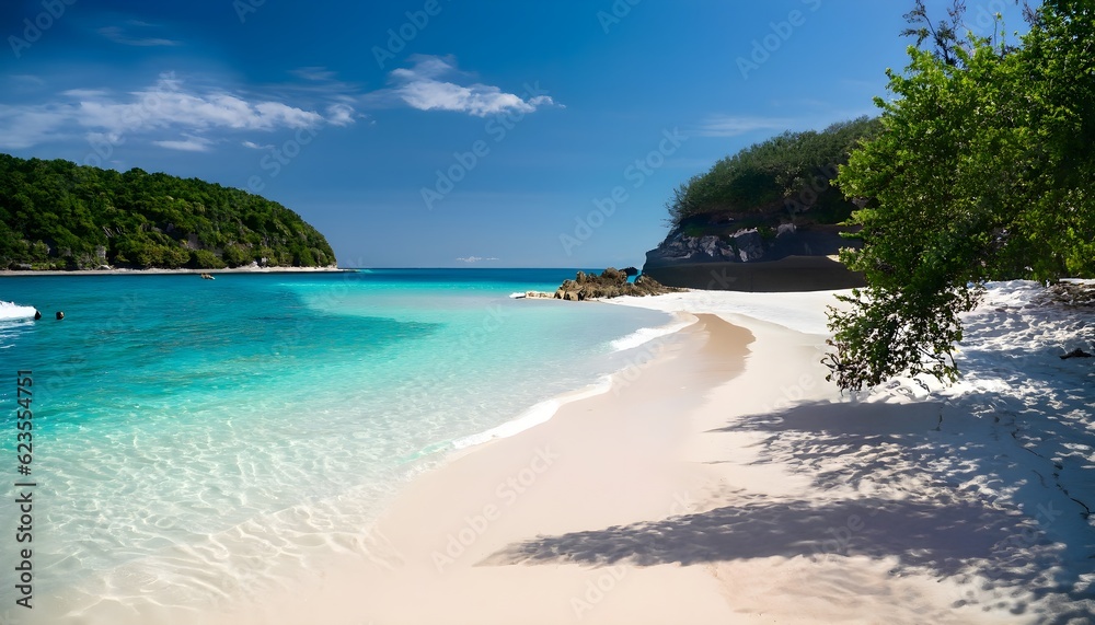 Obraz premium A serene and secluded beach with pristine white sand and crystal-clear turquoise waters - Generative AI