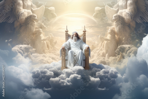 God sits on a throne in heaven with bright light behind