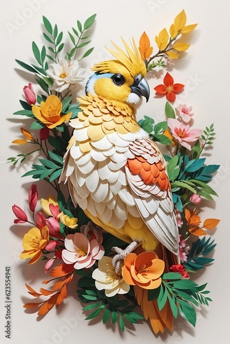 Explore the colorful world of a Kirigami Lutino Cockatiel perched on a branch, surrounded by vibrant flowers and lush leaves. Captivating paper art for bird lovers.