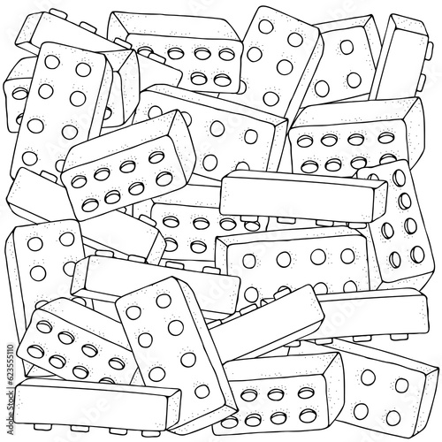 Coloring book page for adults. Kids plastic building block puzzle toy linear vector illustration, icon, design template with outline doodle hand drawn.