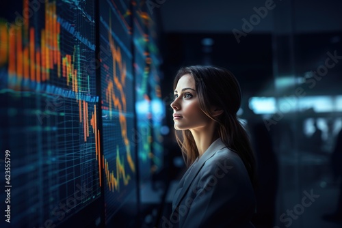 Stock market crash, man looks worried at financial graph charts, candlestick charts, double exposure, created with Generative AI