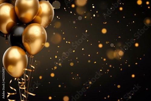 Celebration background with confetti and gold balloons. Fototapeta