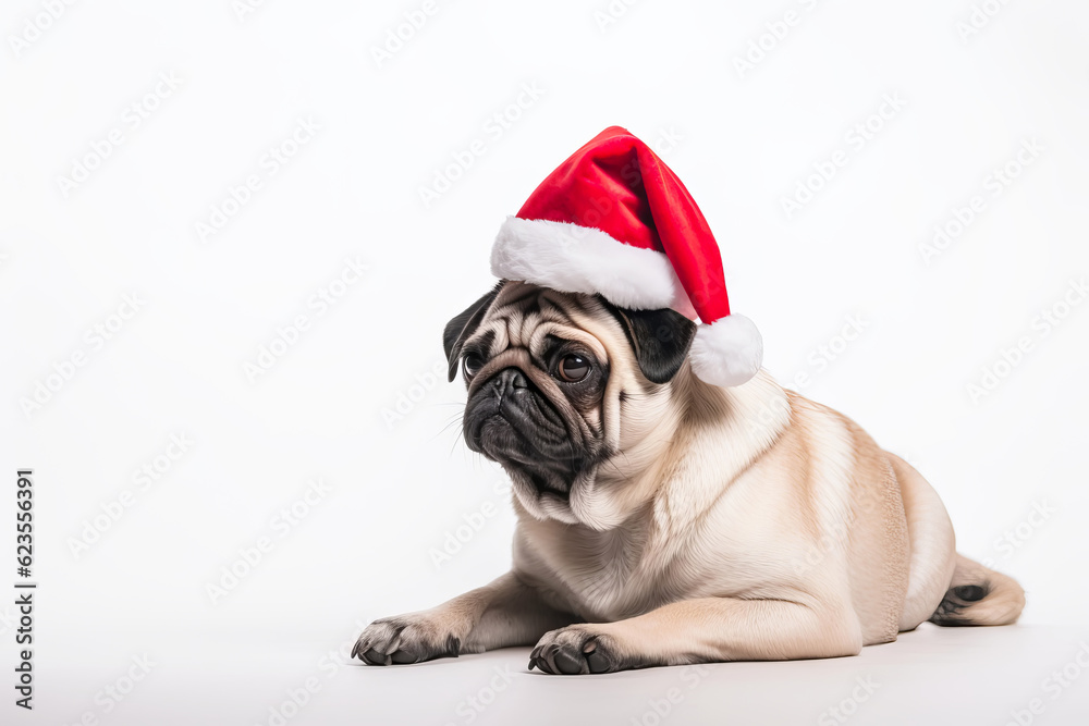 Cute pug dog in santa hat on white background. Merry Christmas concept. Generative AI