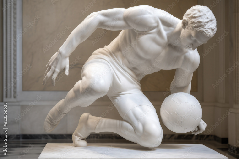A marble statue of a football soccer player in a musuem setting A marble statue of a football soccer player in a musuem setting