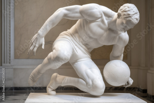 A marble statue of a football soccer player in a musuem setting