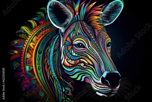 Zentangle art - colourful zebra head on dark background. Mandala  ethnic design. Generative AI