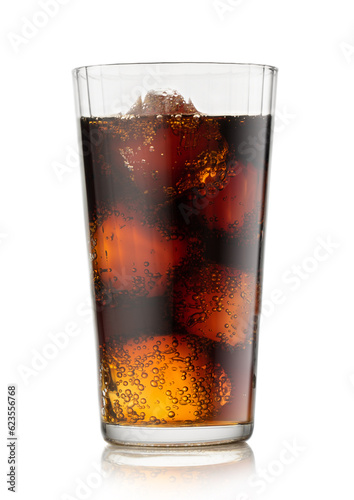 Cola soda drink with ice cubes and bubbles on white background.