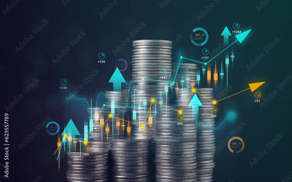 Stack of coins with graph chart growth up, Business marketing - obrazy, fototapety, plakaty 