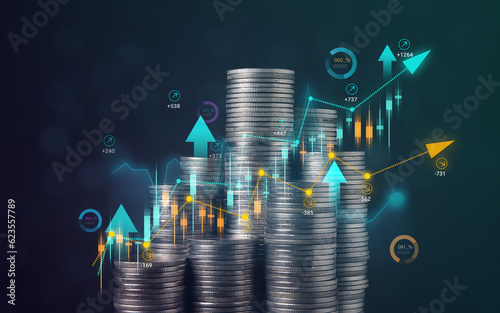 Foto Stack of coins with graph chart growth up, Business marketing