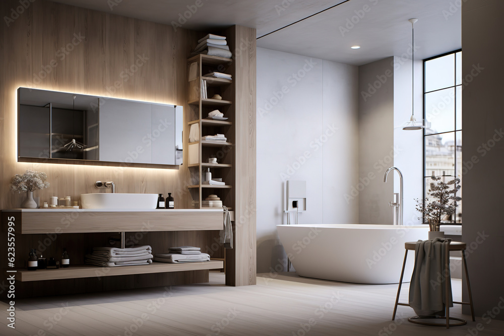 Modern bathroom interior in minimal scandinavian style , generative ai Modern bathroom interior in minimal scandinavian style , generative ai