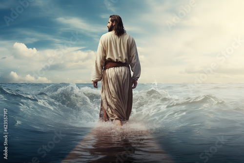 Jesus walking on the water, back view, generative ai 