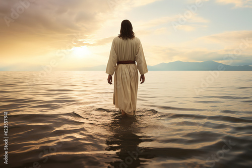 Jesus walking on the water, back view, generative ai 