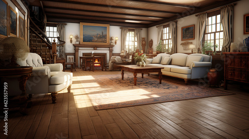 living room with the hardwood floors  generative ai 