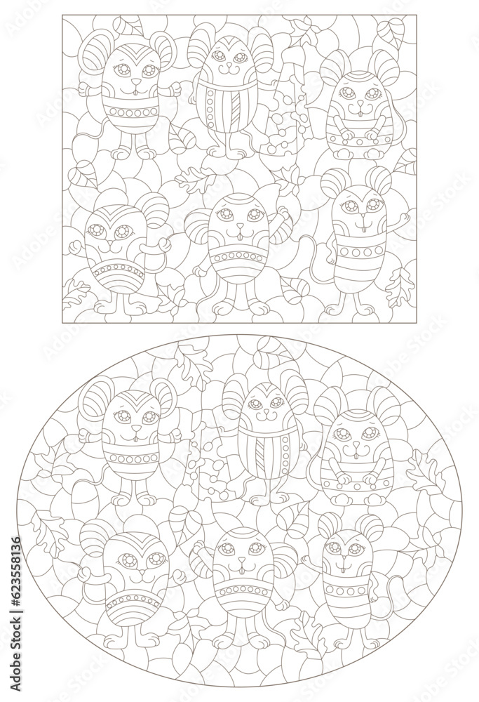 Obraz premium A set of contour illustrations in the style of stained glass with cute cartoon mice, dark contours on a white background
