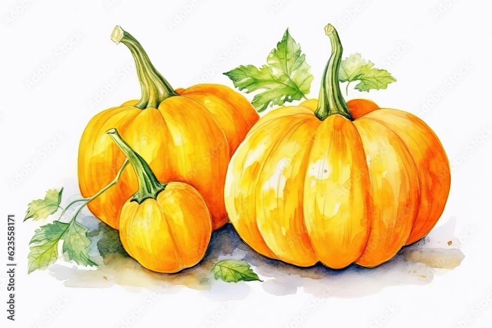 Pumpkin. Watercolor painting on white background. Autumn harvest. Vegetarian raw food, generative ai Pumpkin. Watercolor painting on white background. Autumn harvest. Vegetarian raw food, generative ai