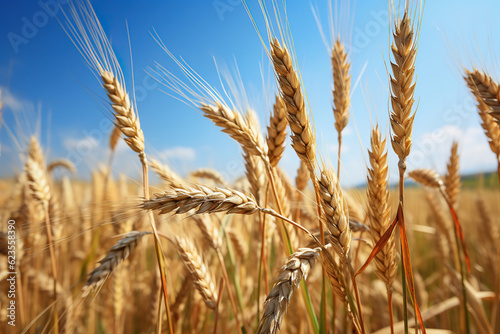 Spikes of ripe wheat on a farmers field, generative ai 