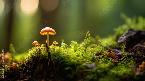 Small mushroom growing on soil in forest, generative ai