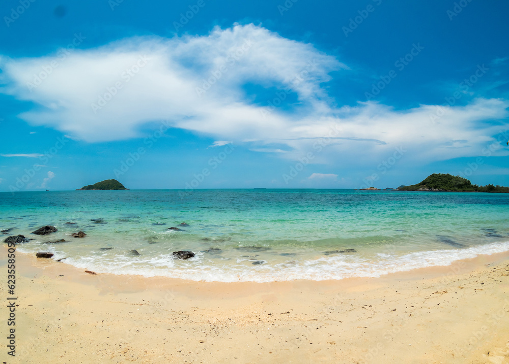 Beautiful Landscape summer panorama fisheye front view wide island tropical sea beach white sand clean and blue sky background calm Nature ocean wave water travel at  Beach thailand Chonburi
