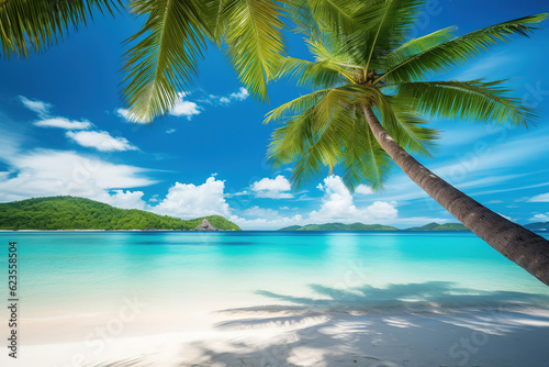 Tropical beach with palm palms and views of Paradise Island  generative ai 