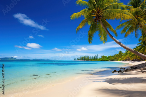 Tropical beach with palm palms and views of Paradise Island, generative ai  © vvalentine
