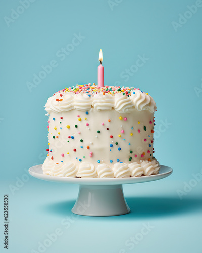 White Birthday cake with colorful Sprinkles over a blue background  generative ai 