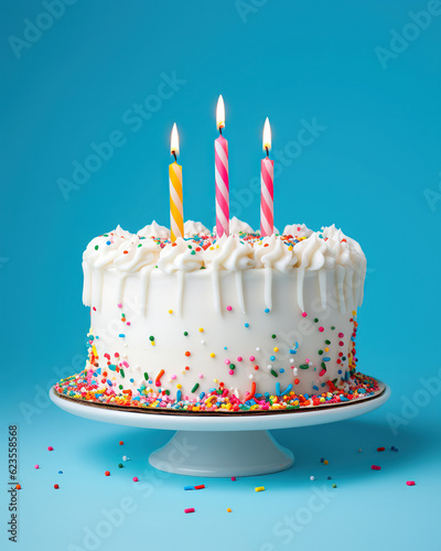 White Birthday cake with colorful Sprinkles over a blue background, generative ai 