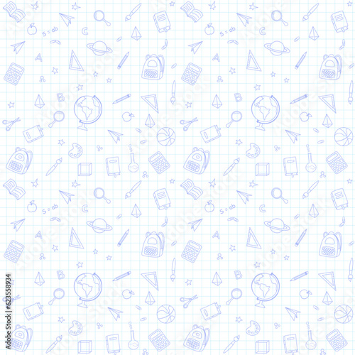 Back to school. Seamless pattern with a checkered notebook sheet and drawings.