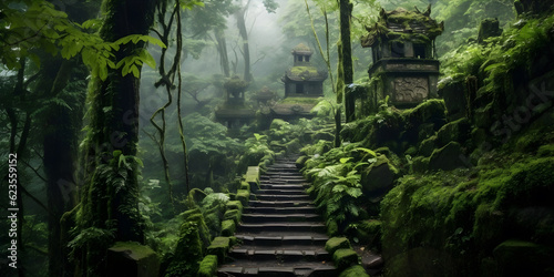 A serene mountain path leading to a hidden temple  covered in lush greenery  with misty peaks in the background
