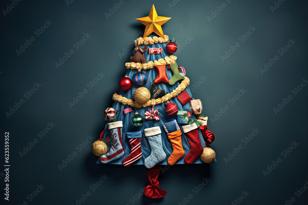 festive Christmas tree adorned with colorful socks. Generative AI