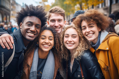 Multiracial Diverse Students happy to meet after the holidays in College or University