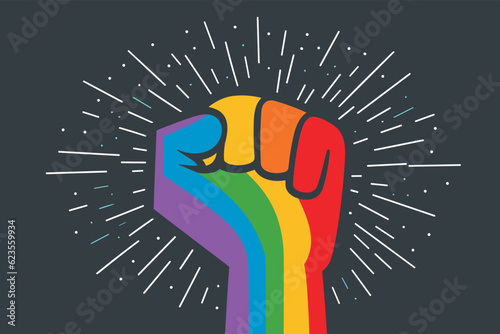 Lgbt hand
 on the background of firework.
Colored fingers in fist. A symbol of mutual support.
Vector abstract lgbt pattern in rainbow colors.
Print for a t-shirt with
elements of the lgbt community.