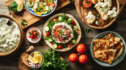 Selection of traditional greek food - salad, meze, pie, fish, tzatziki, dolma on wood background, top view