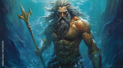 Poseidon God of Sea and Water figure character. Ancient greek god. Mythology. Colorful painting illustration photo