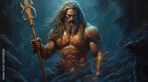 Poseidon, the Greek Sea God, depicted in vivid colors with a flowing sea-green beard, wields a trident, surrounded by marine life.