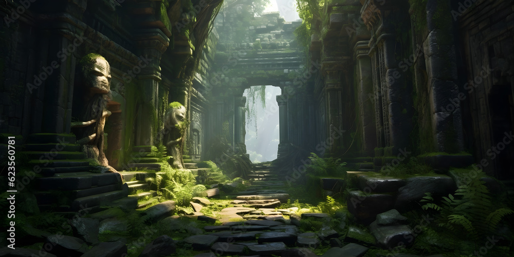 Exploring Ancient Ruins, A lone adventurer with a torch stands at the entrance of a crumbling stone temple, overgrown with vines and moss